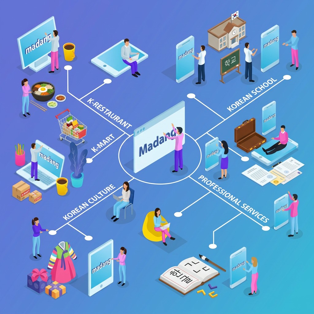 An illustration of madang connecting restaurants, markets, Korean culture, schools, and professional services